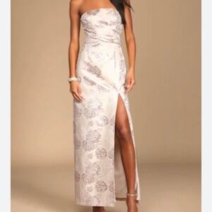 Lulus Redefine Regal Strapless Jacquard Maxi Dress Pale Pink Floral Size S NWT